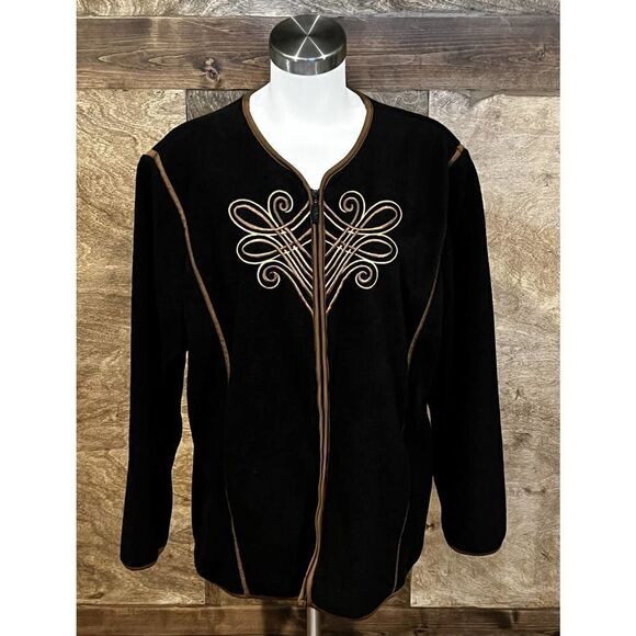 Black Fleece Embroidered Zip‎ Up Jacket Brown Trim Cozy Warm Comfy - Picture 1 of 6